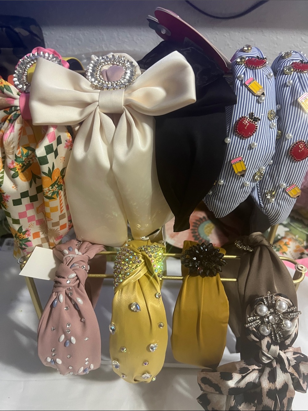 Embellished Satin Bow Headband in Ivory